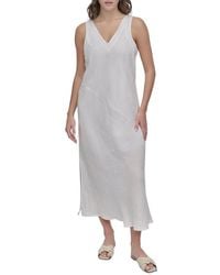 DKNY - V- Neck Linen Midi Dress - Lyst