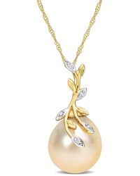 Rina Limor Contemporary Pearls 14k Diamond 12-12.5mm Pearl Leaf Pendant Necklace - Metallic