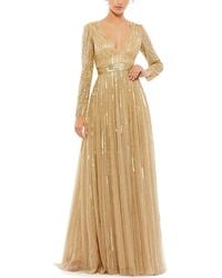 Mac Duggal - Sequined Mesh V Neck Long Sleeve A-Line Gown - Lyst