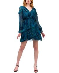 Marchesa - Pleated Long Sleeve Chiffon Mini Dress - Lyst