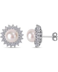 Pearls - Silver 8.5-9mm Freshwater Pearl & Cz Earrings - Lyst