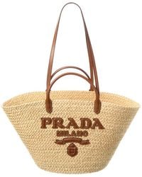 Prada - Large Raffia & Leather Tote - Lyst