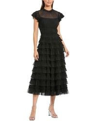 Mac Duggal - Mesh Micro Ruffle High Neck Cap Sleeve Midi Dress - Lyst