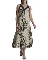 DKNY - V-Neck Printed Linen Dress - Lyst