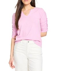 NIC+ZOE - Ruched Elbow Sleeve Split Neck T-Shirt - Lyst