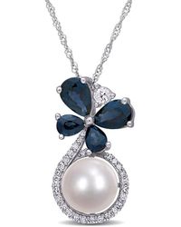 Pearls - 10k 1.55 Ct. Tw. Diamond & Gemstone 7.5-8mm Pearl Drop Necklace - Lyst