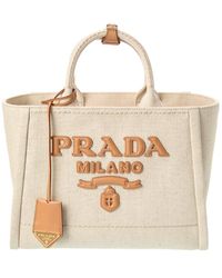 Prada - Large Linen & Leather Tote - Lyst