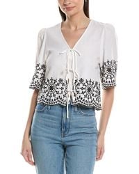 Ellen Tracy - Embroidered Tie Front Linen-Blend Top - Lyst