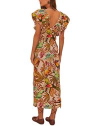 FARM Rio Heli Leaves Button Front Linen Midi Dress in Yellow | Lyst