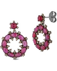 Banji Jewelry - Silver 0.98 Ct. Tw. Diamond & Glass Filled Ruby Drop Earrings - Lyst
