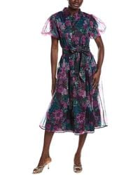 Gracia - Puff Sleeve Band Collar Organza Midi Dress - Lyst