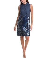 Teri Jon - Denim Paillette Trim Shift Shirtdress - Lyst