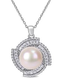 Pearls - Silver 12- 12.5mm Freshwater Pearl & Cz Pendant Necklace - Lyst
