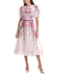 Teri Jon - Puff Sleeve Placement Print Silk & Linen-Blend Midi Dress - Lyst