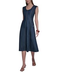 Halston - Denim Scoop Neck Sleeveless Midi Dress - Lyst
