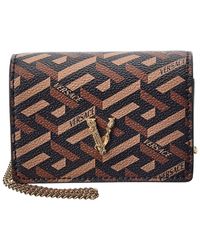 Versace Virtus La Greca Coated Canvas & Leather Wallet On Chain - Brown