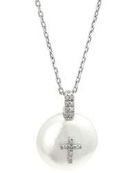 Gemstones - 0.07 Ct. Tw. Diamond 8-9Mm Pearl Cross Necklace - Lyst
