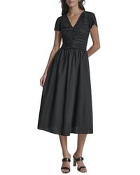 DKNY - Shirring Cap Sleeve Linen-Blend Dress - Lyst