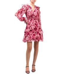 Marchesa - Pleated Long Sleeve Chiffon Mini Dress - Lyst
