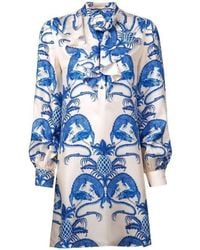 Gucci - Silk Dragon Print Twill Ruffle Neck Dress - Lyst