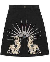 Gucci - Embroidered Black Denim Mini Skirt - Lyst