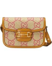 Gucci - Horsebit 1955 Pink Raffia Shoulder Bag - Lyst