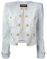 Balmain - Cropped Stretch Cotton Denim Blazer - Lyst