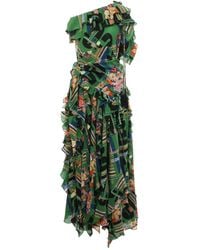 Gucci - Green Floral Check-print Ruffled Silk Gown - Lyst
