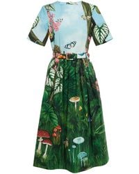 Oscar de la Renta - Botanical Forest Print Stretch Poplin Midi Dress - Lyst