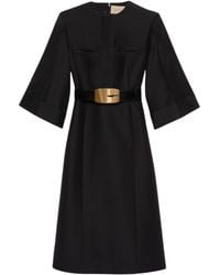 Gucci - Soft Wool Silk Midi Dress With Leather G Belt - Lyst