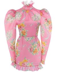 Alessandra Rich - Floral Puff-sleeve Silk Mini Dress - Lyst