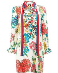 Gucci - Floral Print Ruffle Trim Shirt Dress - Lyst