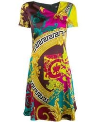 Versace - Short-sleeve Multicolored Silk Dress - Lyst