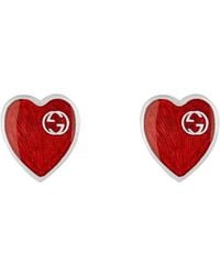 Gucci - Interlocking G Heart Stud Earrings In Sterling Silver With Red Enamel - Lyst