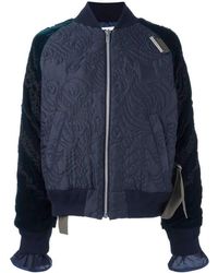Sacai Calligraphy Embroidered Velvet Sleeve Quilted Bomber Jacket - Blue