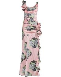 Alessandra Rich - Silk Satin Evening Dress In Rose Print - Lyst