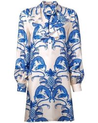 Gucci - Silk Dragon Print Twill Ruffle Neck Dress - Lyst