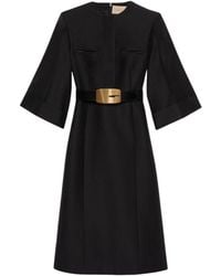 Gucci - Soft Wool Silk Midi Dress With Leather G Belt - Lyst