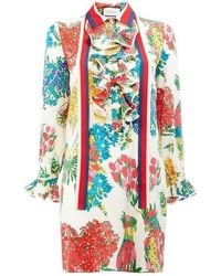 Gucci - Floral Print Ruffle Trim Shirt Dress - Lyst