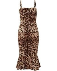 Dolce & Gabbana - Ruched Leopard Print Silk Cady Midi Dress - Lyst