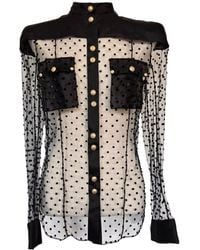 Balmain - Long Sleeve Black Polka Dot Silk Shirt With Gold Buttons - Lyst