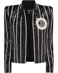 Balmain - Sequinned Black White Striped Spencer Jacket - Lyst