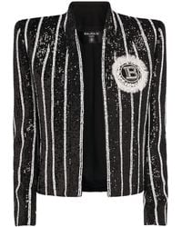 Balmain - Sequinned Black White Striped Spencer Jacket - Lyst