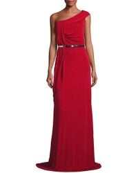 David Meister Draped One-shoulder Belted Gown - Red