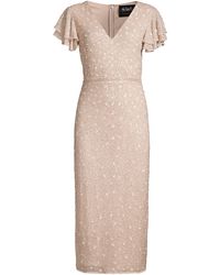 Mac Duggal Synthetic Scoop Neck Floral Beaded Sheath Midi Dress in Natural - Lyst
