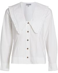 Ganni Ruffled Collar Striped Cotton-poplin Shirt | Lyst