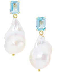14kt Blue Topaz Baroque Pearl Drop Earrings