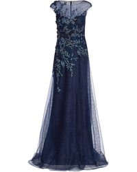 Teri Jon Lace Embroidered Illusion Gown in Navy (Blue) - Lyst