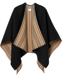 Burberry Icon Stripe Detail Wool Cape - Black