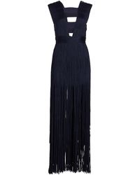 herve leger draped fringe deep square neck gown